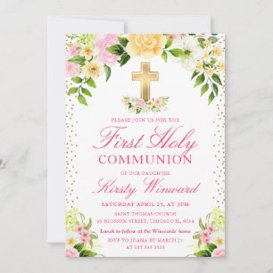 Pink and Yellow Flowers First Holy Communion Invitation