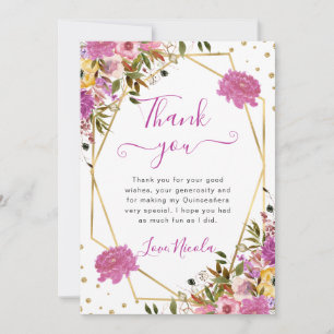 Pink and Yellow Flowers Frame Quinceanera Thank You Card