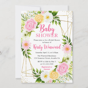 Pink and Yellow Flowers & Gold Frame Baby Shower Invitation