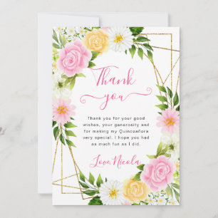 Pink and Yellow Flowers Gold Frame Quinceanera Thank You Card