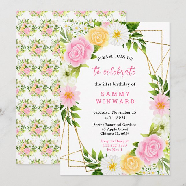 Pink and Yellow Flowers with Foliage Birthday Invitation (Front/Back)