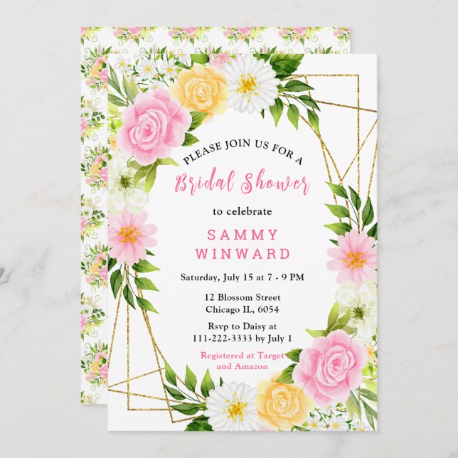 Pink and Yellow Flowers with Foliage Bridal Shower Invitation (Front/Back)