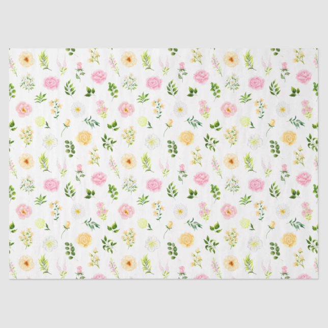 Pink and Yellow Flowers with Foliage Pattern Tissue Paper (Front)
