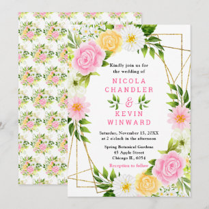 Pink and Yellow Flowers with Foliage Wedding Invitation