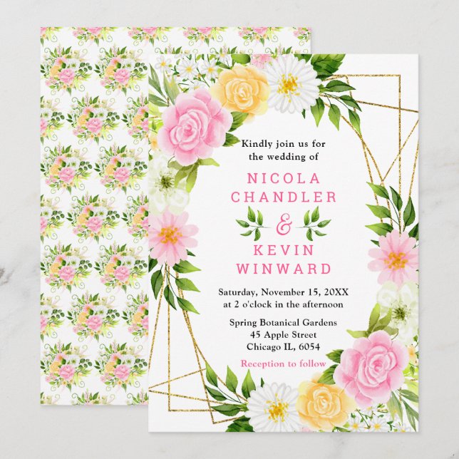 Pink and Yellow Flowers with Foliage Wedding Invitation (Front/Back)
