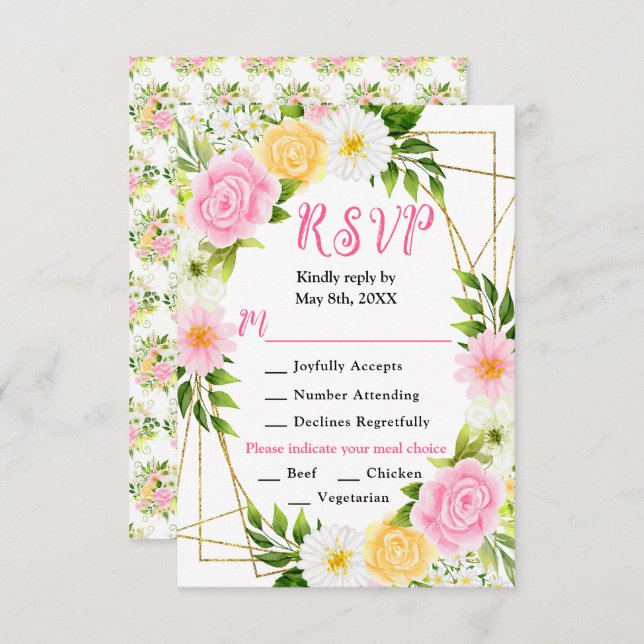 Pink and Yellow Flowers with Foliage Wedding RSVP Card (Front/Back)