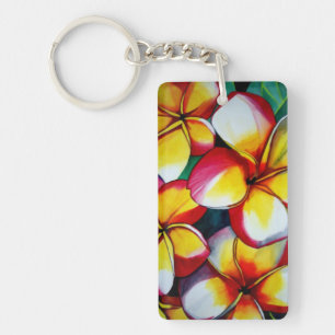 Pink and yellow frangipani flower art key ring
