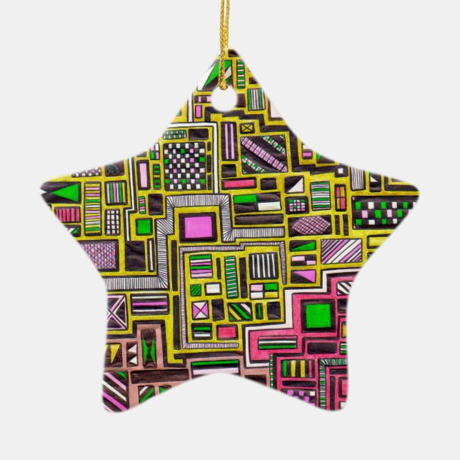 Pink and Yellow Geometric shapes pop art punk Ceramic Tree Decoration (Front)