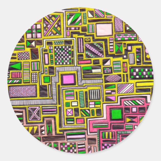 Pink and Yellow Geometric shapes pop art punk Classic Round Sticker (Front)