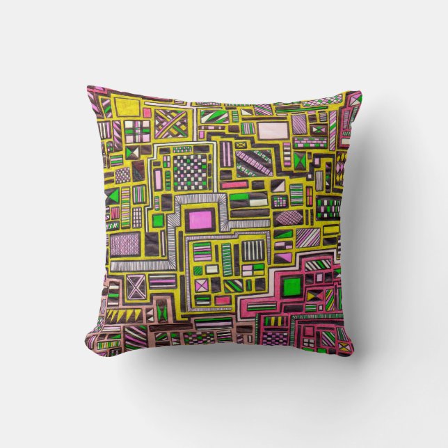 Pink and Yellow Geometric square art Cushion (Front)