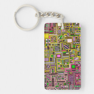 Pink and Yellow Geometric square pop art Key Ring