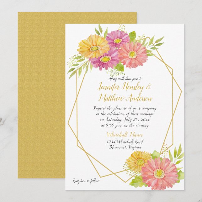 Pink and Yellow Gerbera Daisies Geometric Wedding Invitation (Front/Back)