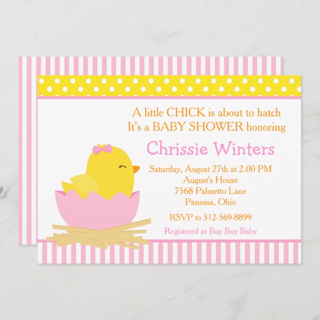 Pink and Yellow Girl Chick Baby Shower Invitation (Front/Back)