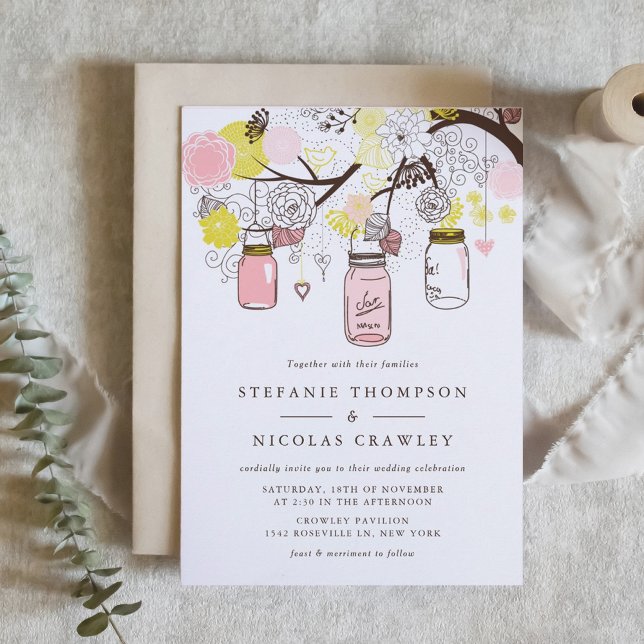 Pink and Yellow Hanging Mason Jars Wedding Invitation (Pink and Yellow Mason Jars and Flowers Wedding Invitation)