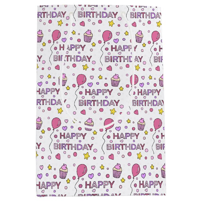 Pink and Yellow Happy Birthday Girl's Medium Gift Bag (Front)