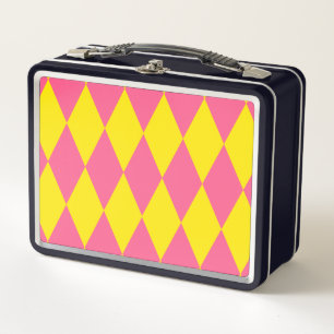 Pink and Yellow Harlequin Checkered Design  Metal Lunch Box