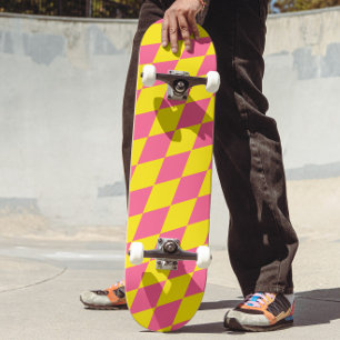 Pink and Yellow Harlequin Checkered Design  Skateboard