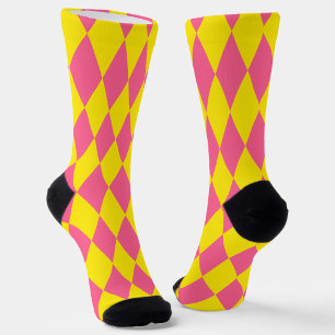 Pink and Yellow Harlequin Checkered Design  Socks