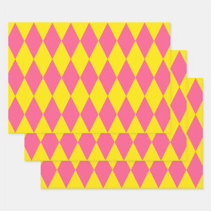 Pink and Yellow Harlequin Checkered Design  Wrapping Paper Sheet