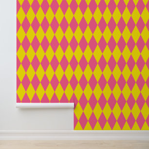 Pink and Yellow Harlequin Chequered Design Wallpaper