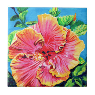 Pink and Yellow Hawaiian Hibiscus Ceramic Tile