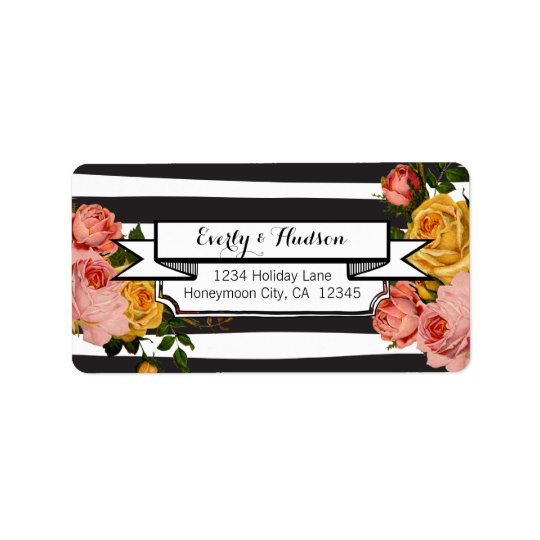 Pink and Yellow Heirloom Roses Black White Stripe Address Label