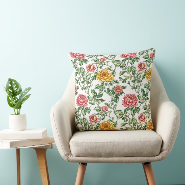 Pink and Yellow Illustrated Chinoiserie Peony Flor Cushion (Chair)