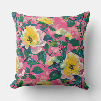 Pink and Yellow Impressionist Chinoiserie Floral Cushion