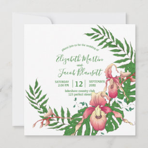 Pink and Yellow Lady Slipper Orchid Wreath Wedding Invitation