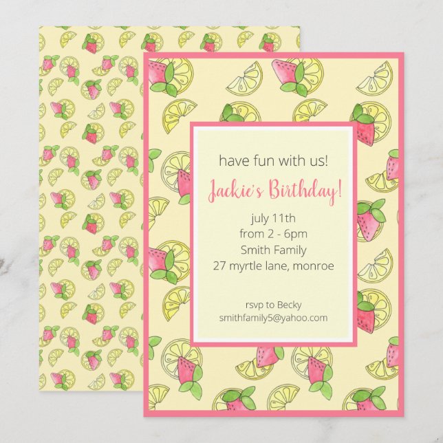 Pink and Yellow Lemon Girls Birthday  Invitation (Front/Back)