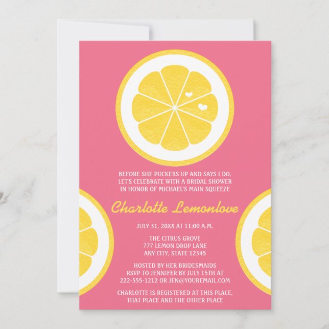PINK AND YELLOW LEMON THEMED BRIDAL SHOWER INVITATION (Front)