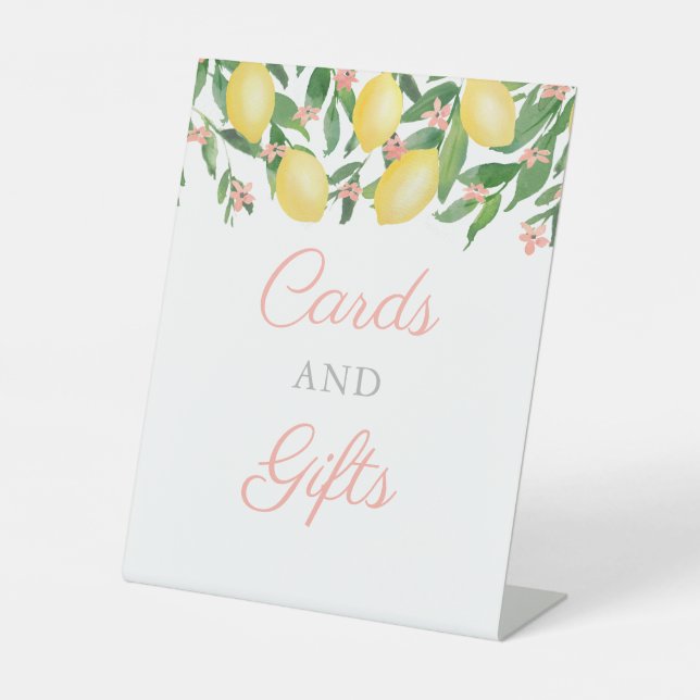 Pink And Yellow Lemons Cards And Gifts Baby Shower Pedestal Sign (Front)