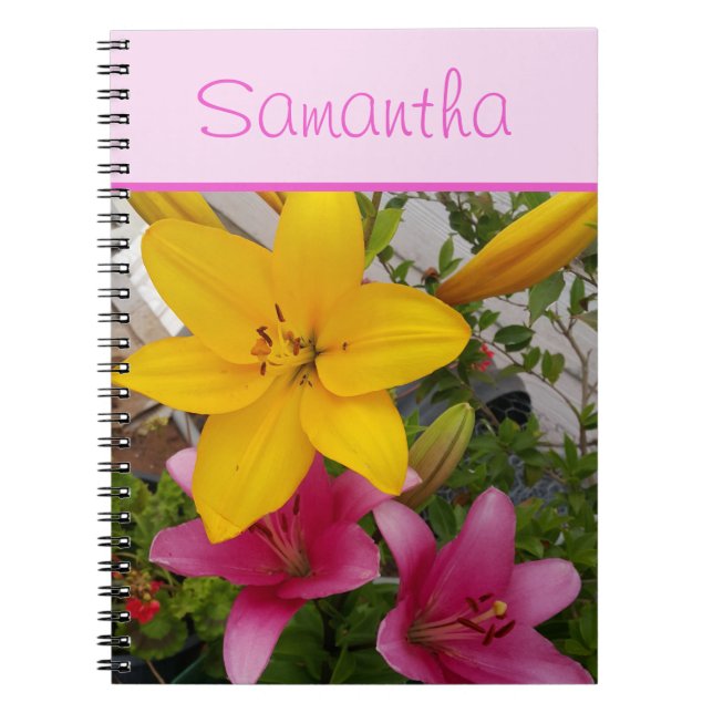 Pink and Yellow Lily Lillies Flower Girls Name  Notebook (Front)