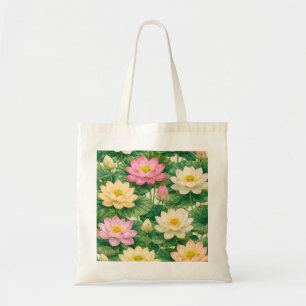 Pink and Yellow Lotus Flower Botanical Pattern Tote Bag