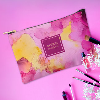 Pink and Yellow Marble Custom Name Accessory Pouch