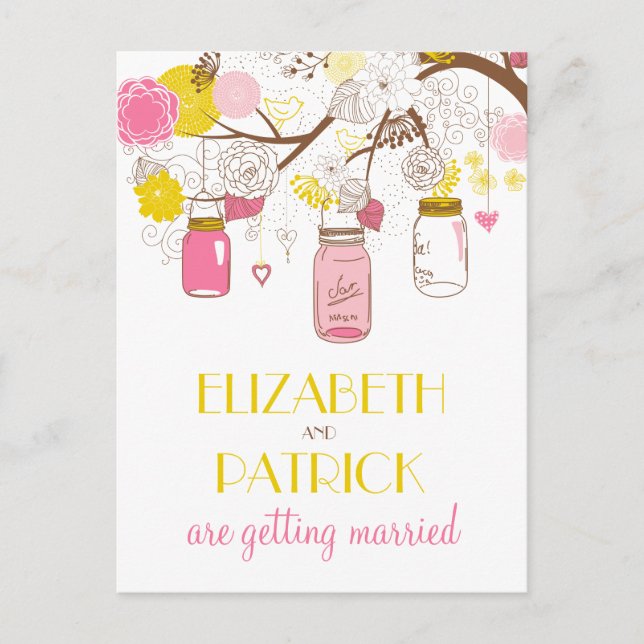 Pink and Yellow Mason Jars Save the Date Postcard (Front)