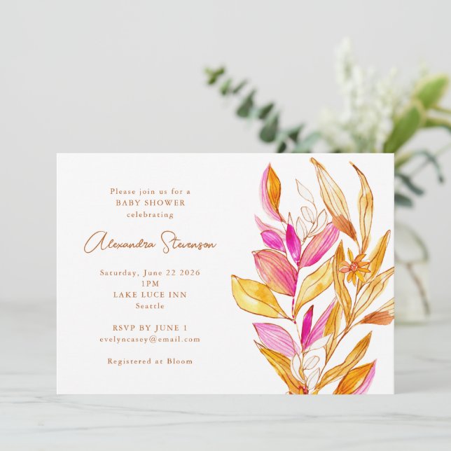 Pink and Yellow Minimalist Botanical Baby Shower Invitation (Standing Front)