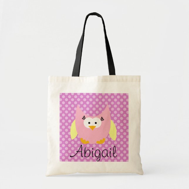 Pink and Yellow Owl On Dots Personalised Tote Bag (Front)