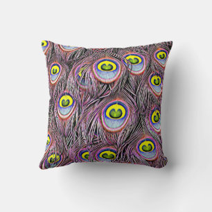 Pink and Yellow Peacock feathers Nature art Cushion
