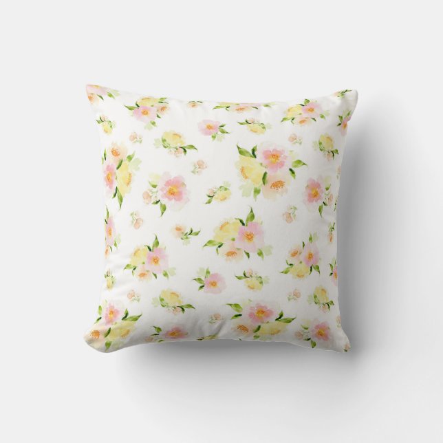 Pink and yellow peony floral watercolor cushion (Front)