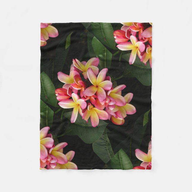 Pink and Yellow Plumeria Flowers Fleece Blanket (Front)