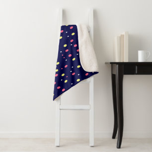Pink and Yellow Polka Dots on Navy Blue Sherpa Blanket