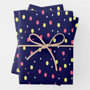 Pink and Yellow Polka Dots on Navy Blue  Wrapping Paper Sheet