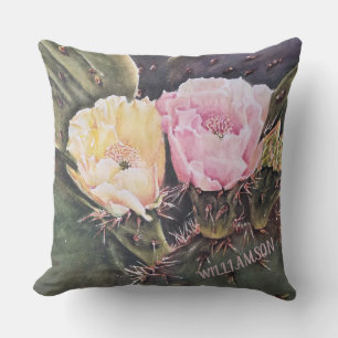 PINK AND YELLOW PRICKLY PEAR CACTUS FLOWERS CUSHION