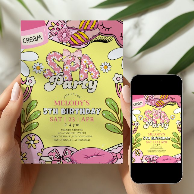 Pink and Yellow Retro Daisy Spa Party Birthday  Invitation (Creator Uploaded)