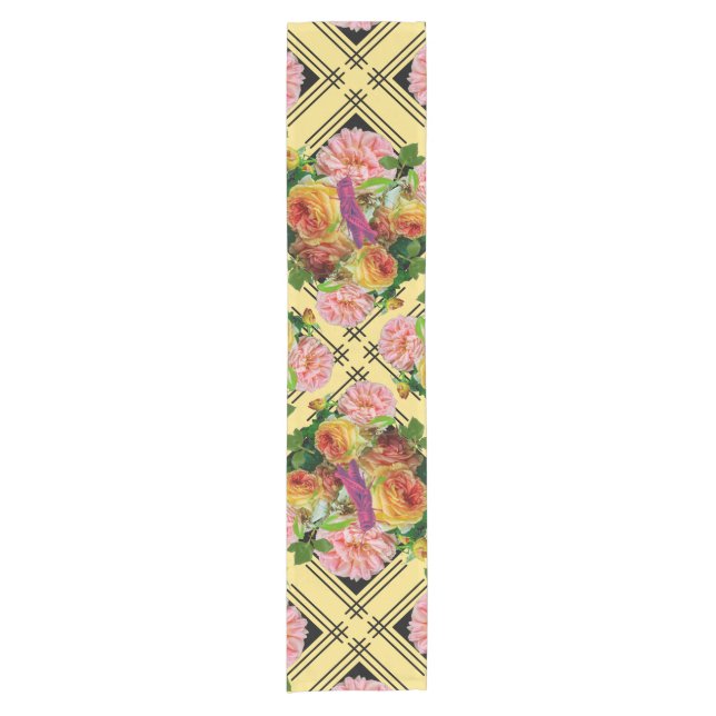 Pink and Yellow Rose Trellis Nature Design Short Table Runner (Front)