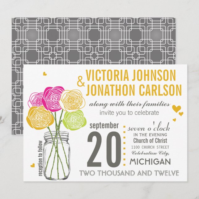 Pink and Yellow Rose Typography Modern Wedding Invitation (Front/Back)