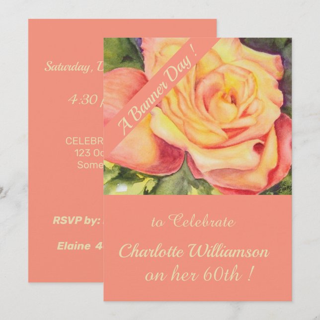 Pink and Yellow Rose Watercolor Birthday Floral Invitation (Front/Back)