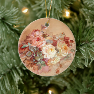 Pink and yellow roses ceramic tree decoration