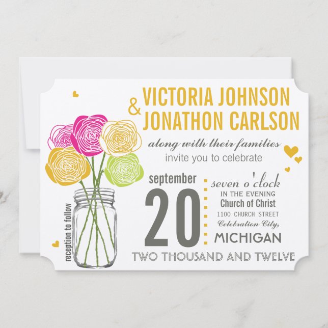 Pink and Yellow Roses Typography Modern Wedding Invitation (Front)
